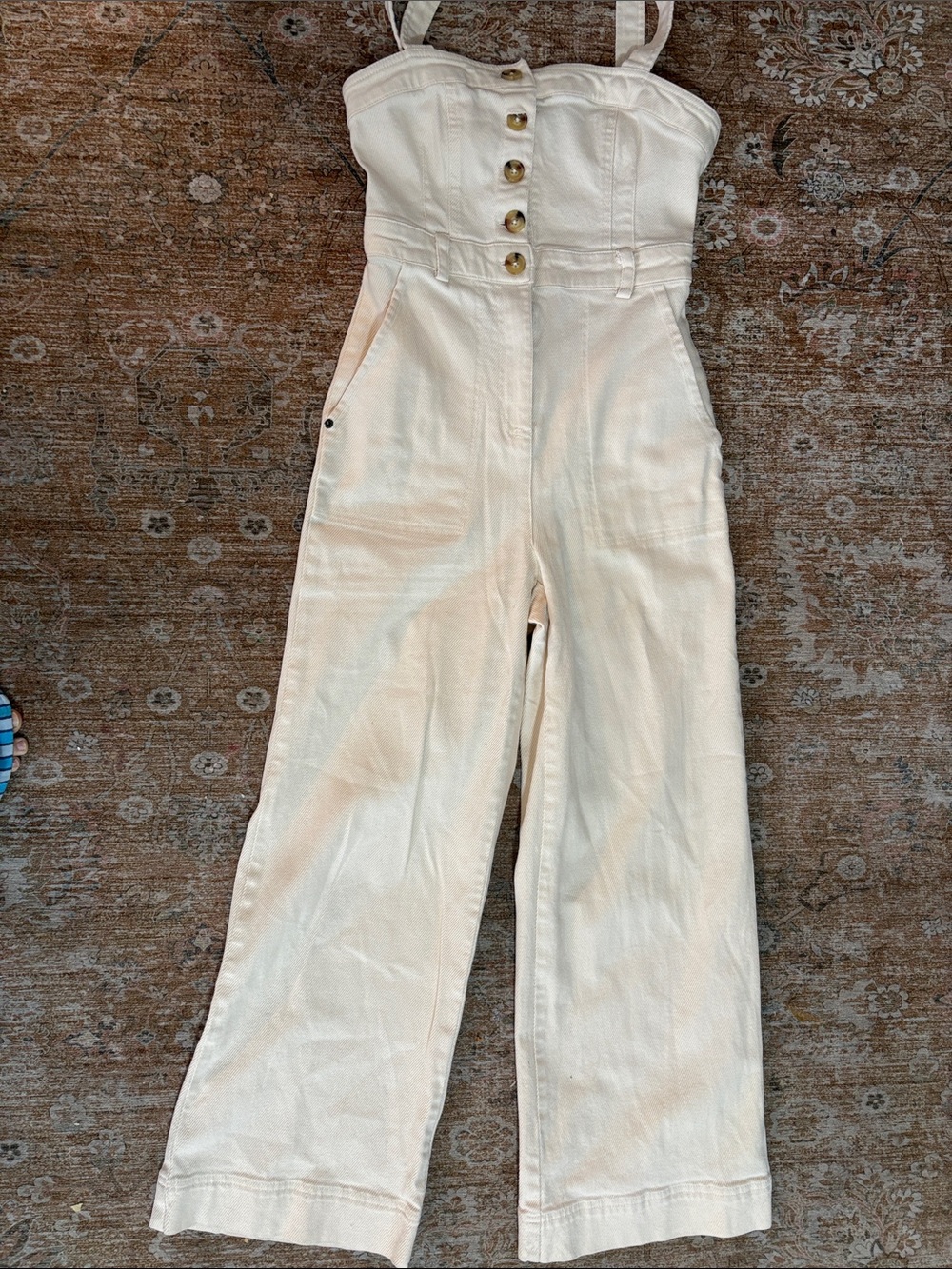 Urban Outfitters Cream Button-Front Wide-Leg Jumpsuit